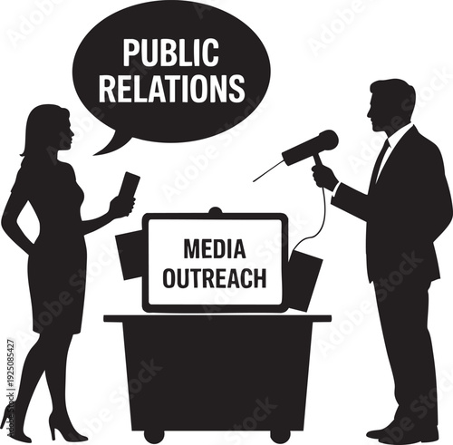 Business professional being interviewed by media representative about public relations and media outreach efforts in a vector graphic illustration