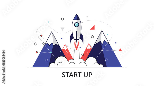Stylized space rocket launching into the sky from between high mountain peaks symbolizing a successful and ambitious business startup venture.