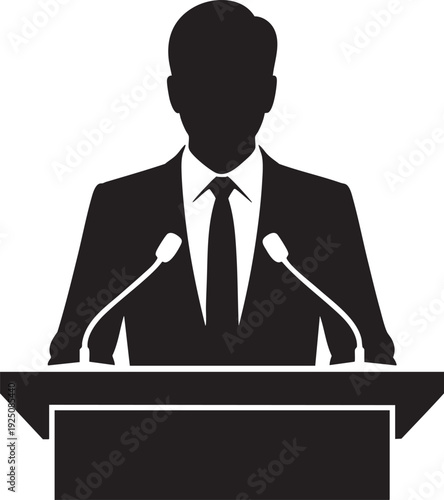 Silhouette of a businessman giving a speech at a podium with two microphones in a simple vector graphic illustration