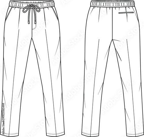 Flat technical sketch of casual drawstring jogger pants with elastic waistband, side pockets, back welt pocket, relaxed fit silhouette, vector.