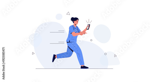 Nurse Running With Phone, Medical Emergency, Healthcare Professional Urgency