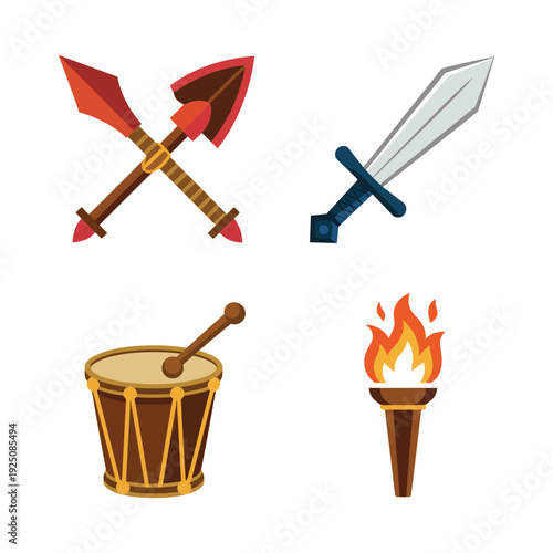 Warrior gear icons with crossed axes, steel sword, marching drum and burning torch for medieval festival, battle reenactment, adventure