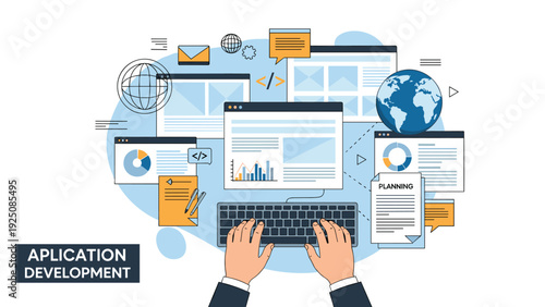 Person typing on a computer keyboard surrounded by various digital icons representing professional application development and web design.