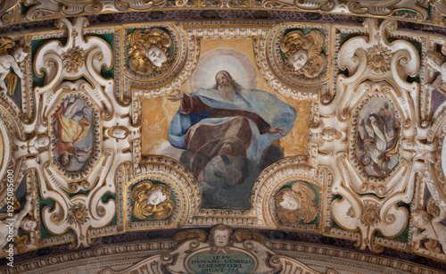 NOVARA, ITALY - JANUARY 16, 2026: The fresco of Got the Creator in the church Basilica di San Gaudenzio by Giovanni Battista and Giovanni Mauro della Rovere (1610).