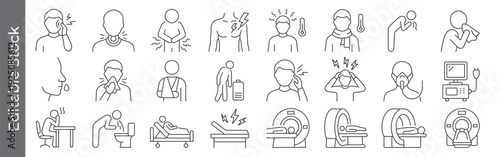 Illness, symptoms and medical diagnosis icon set – editable outline symbols of pain, fever, cough, injury, MRI, hospital and treatment