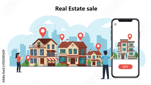 Comprehensive real estate sale concept showing people browsing houses with GPS markers using a modern mobile phone application.