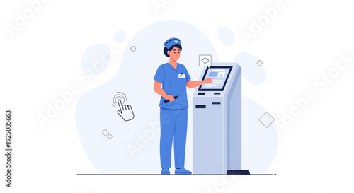 Nurse using touch screen kiosk for medical check-in or information
