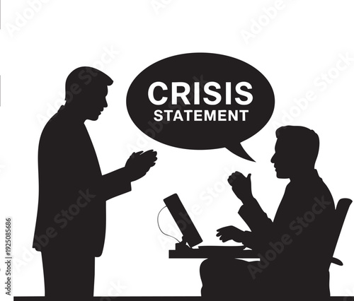 Vector graphic illustration of two men discussing a crisis statement at a desk with a computer monitor and a speech bubble.