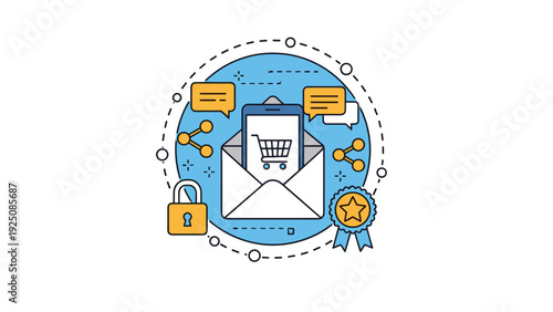 Modern mobile shopping notification icon featuring a smartphone inside an envelope with a shopping cart and digital speech bubbles.