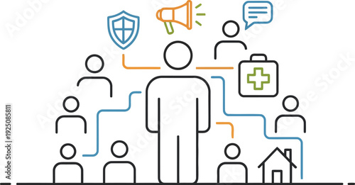 Conceptual diagram illustrating a central figure connected to various community services and support networks through colorful interconnected lines and icons