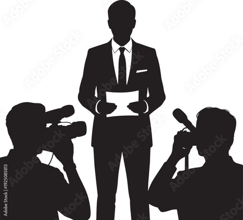Professional man being interviewed by journalists with camera and microphone in a press conference or public speaking event vector illustration