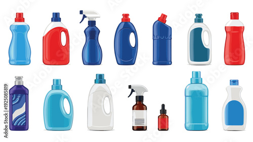Extensive assortment of colorful plastic bottles containing various household cleaning products and liquid detergents for laundry use.
