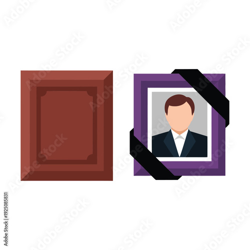 Framed photo with black ribbon and empty frame, obituary design template, portrait display session, condolence book table, ushers briefing