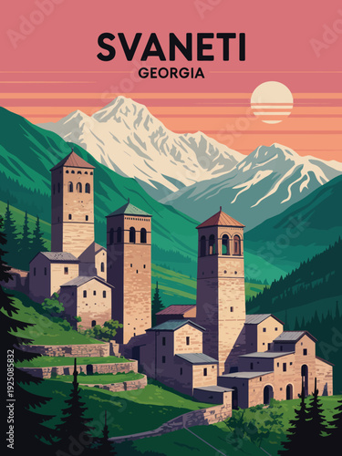 Retro travel poster of a historic mountain village with ancient stone towers amidst majestic peaks