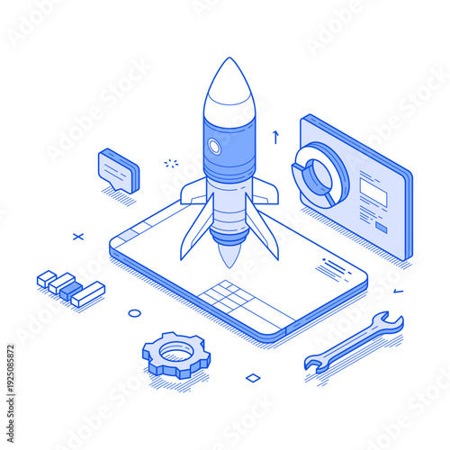 A dynamic project startup illustration showcases a rocket taking off from a smartphone, surrounded by various icons and tools symbolizing innovation and development