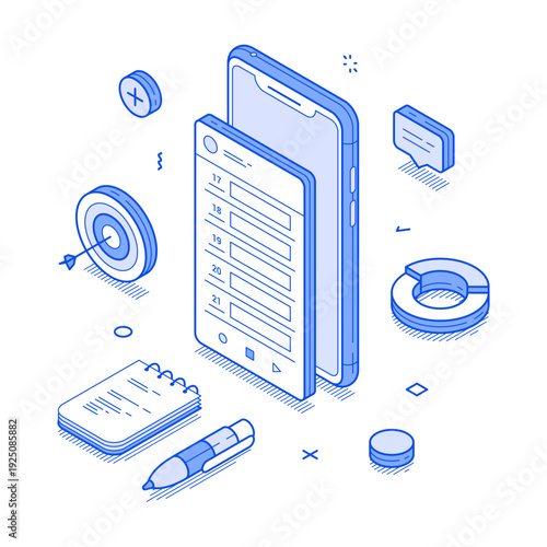Isometric line illustration depicts a smartphone displaying tasks and schedules, surrounded by tools like notepads and pens, emphasizing modern organization methods and productivity