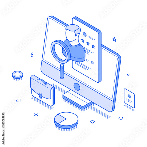 An isometric arrangement of recruitment tools, including a computer displaying a candidate's profile, a magnifying glass, and charts. The modern design emphasizes digital hiring