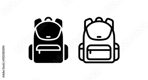 Simple black and white backpack icon with front pocket, perfect for travel, school, and outdoor designs