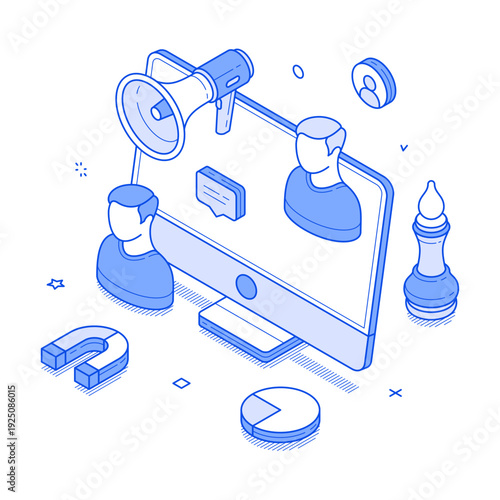 Isometric vector illustration showcases referral marketing elements like users, a megaphone, and a magnet. The design visually explains strategies for customer acquisition through referrals