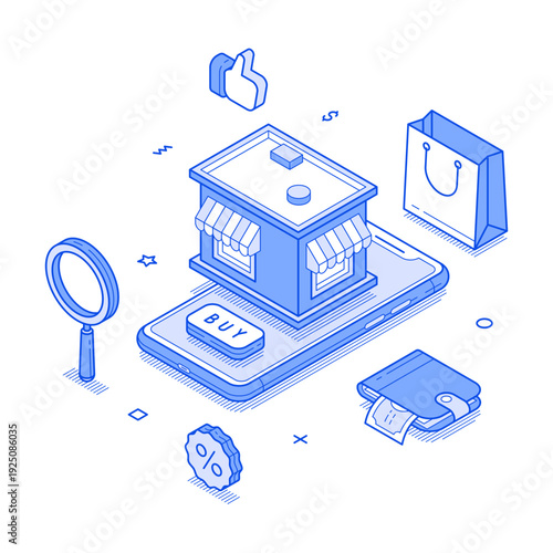 A modern representation of e-commerce shows a storefront above a smartphone with a buy button. Isometric vector illustration
