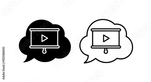 Video presentation icon, play button on screen inside thought bubble silhouette and outline