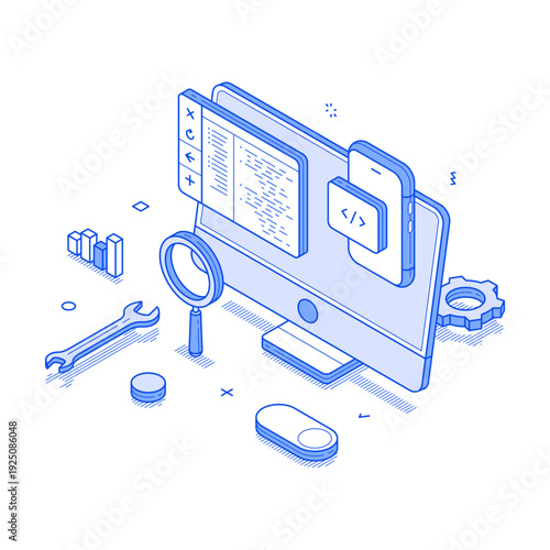 Isometric line vector illustration depicting software testing. A computer screen displays code while tools and icons symbolize debugging and analysis for an efficient quality assurance process