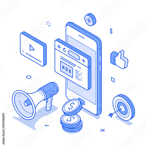 Various elements of a PPC campaign, featuring a smartphone, ads, social media icons, and marketing tools to enhance digital advertising strategies. Modern isometric vector illustration