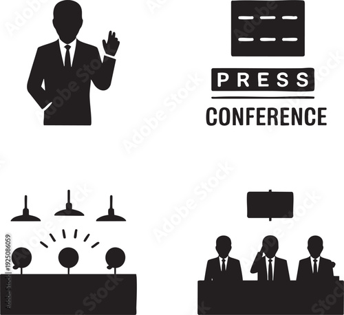 Press conference vector graphic illustration featuring businessman speaking at podium and journalists listening intently with microphones and camera equipment present.