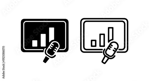 Podcast microphone and graph icon set, audio recording and analytics silhouette and outline