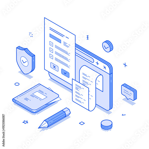 Digital interface for terms and conditions. Elements include checkboxes, documents, and a pencil, emphasizing clarity and organization. Modern isometric vector illustration