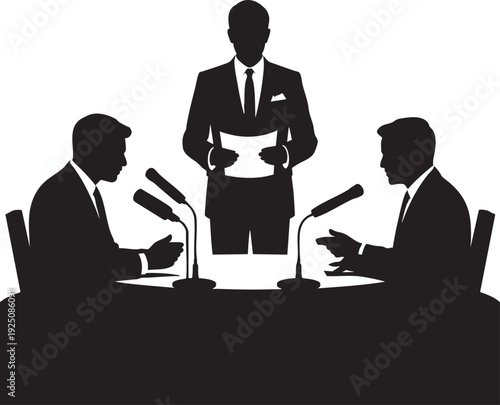 Silhouette illustration of three men in business attire at a corporate meeting or press conference with microphones and documents.
