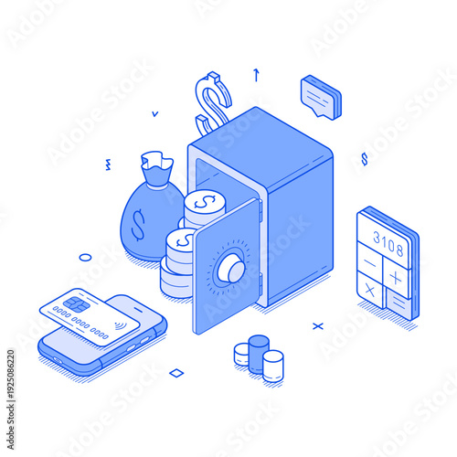 A detailed isometric infographic showcasing banking security, technology, and financial management tools, including a safe, credit card, calculator, and money symbols