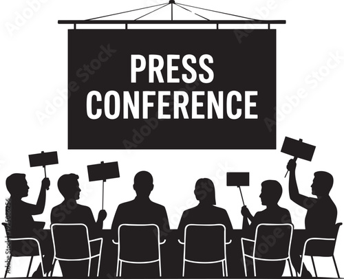 Press conference vector illustration with journalists holding placards and panelists seated at a table under a large banner.