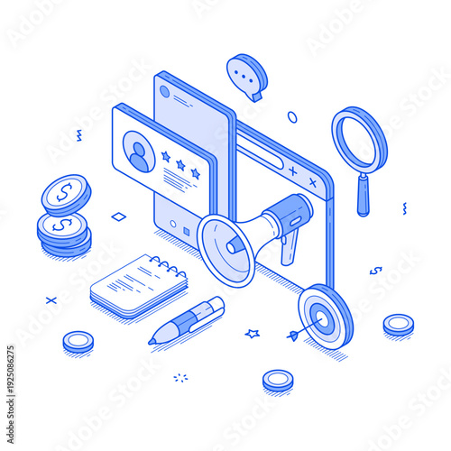 A vibrant blue vector illustration showcasing essential digital marketing tools, including a smartphone, megaphone, coins, and notepad, symbolizing growth and innovation in the business world