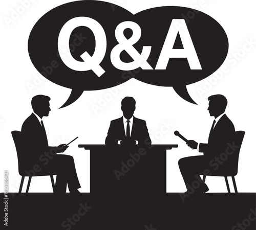 Silhouette illustration of a qanda session with a panel of three men sitting at a table in a formal setting with a q and a speech bubble.
