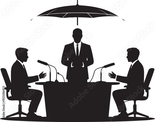 Business meeting with one person standing under umbrella while two people speak through microphones at a table