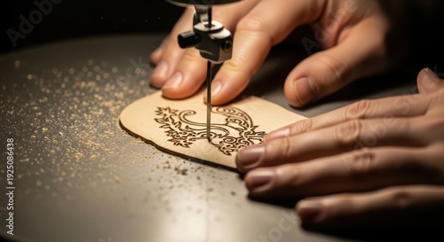 A craftsman meticulously engraving intricate designs on a wooden surface using a hand tool.
