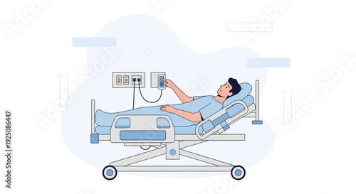Patient in Hospital Bed Adjusting Controls, Medical Care Illustration