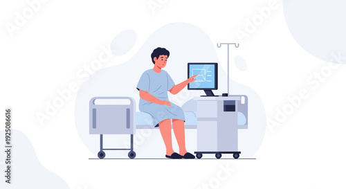 Patient in Hospital Bed Interacting with Medical Monitor and IV Drip