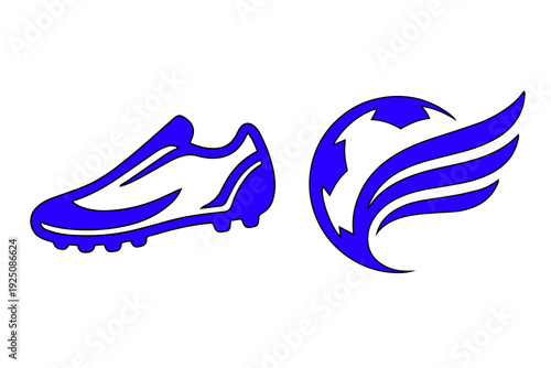 Soccer and football vector icon collection. Includes a soccer cleat and a winged soccer ball symbol. Created in a solid blue and white flat style.