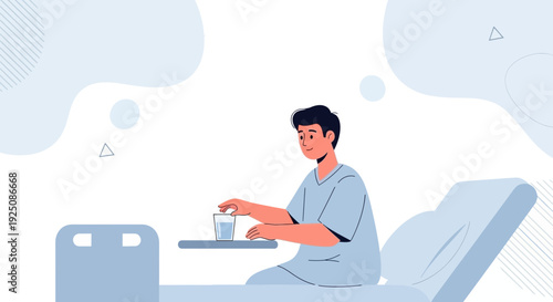 Patient in Hospital Bed Reaching for Water Glass, Healthcare Concept