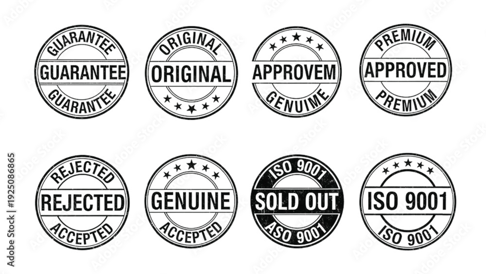 Fototapeta premium Black and white circular stamps with various approval and rejection labels