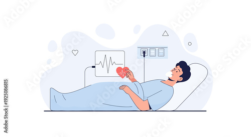 Patient in hospital bed with heart monitor and holding heart symbol
