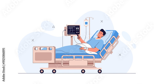 Patient in Hospital Bed with Medical Monitor and IV Drip - Illustration