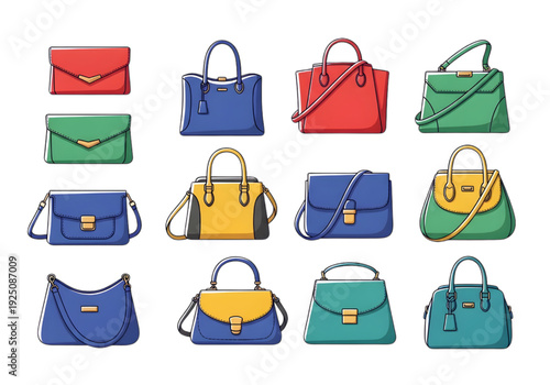 Women Handbag Collection – Colorful Fashion Purses and Shoulder Bags Set Illustration