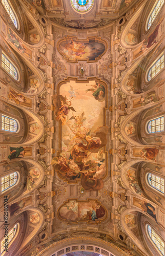 BUSTO ARSIZIO, ITALY - JANUARY 19, 2026: The ceiling fresco of  St. Michael in the battle with the Fallen angels in church Chiesa di San Michaele by Ettore and Mario Chiodo Grandi (1932 - 1934).