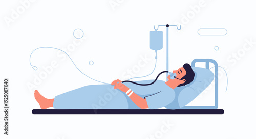 Patient in Hospital Bed with Oxygen Mask and IV Drip - Medical Care Illustration
