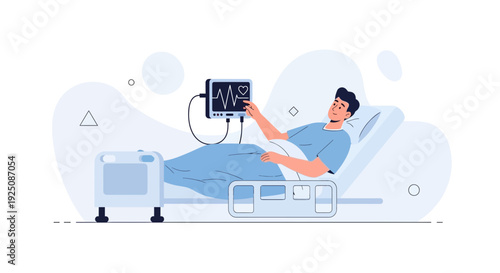 Patient in Hospital Bed with Vital Signs Monitor, Medical Illustration