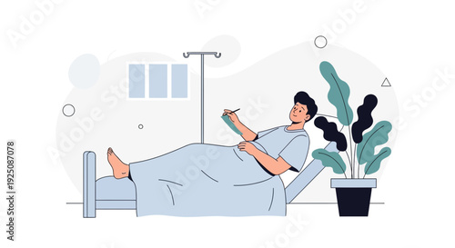 Patient in Hospital Bed Writing Notes with IV Drip and Plant