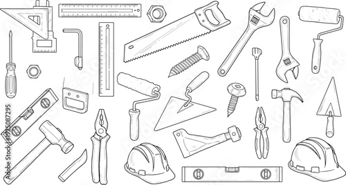 Hand drawn construction and repair tools illustration set with hammer wrench saw ruler screwdriver helmet and building equipment in detailed sketch style